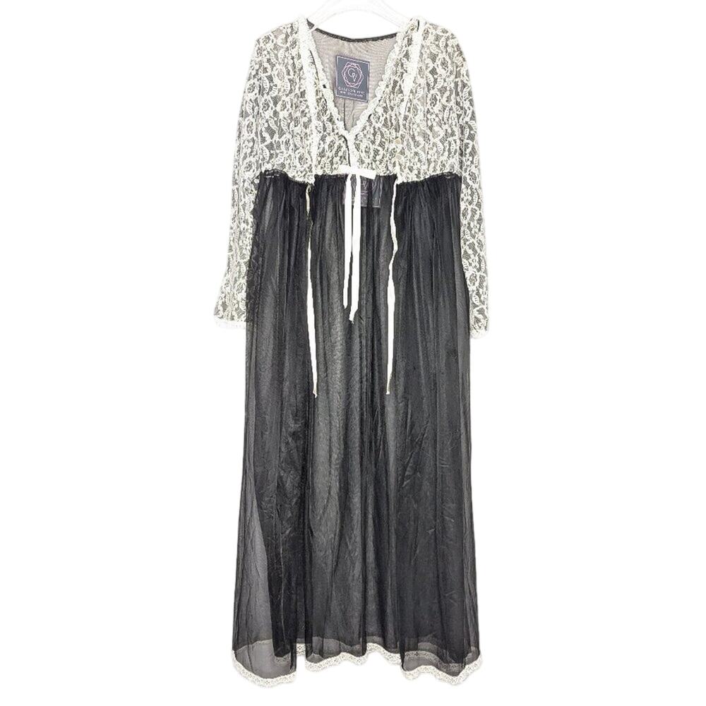 Vintage 1970's Sheer Black White Lace Nightgown And Robe Set Long Sleeve V-Neck